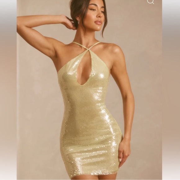 Oh Polly Sheer Sequin Asymmetric Cut Out Mini Dress in Pistachio size US 4 - Picture 1 of 9